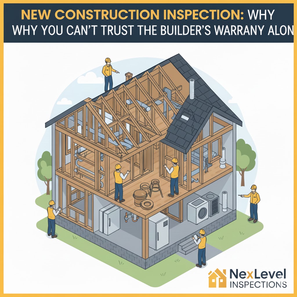 Home inspectors examining a new construction home's framing and electrical wiring, highlighting the importance of new build inspections beyond the builder's warranty.