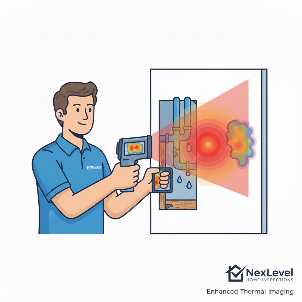 Enhanced thermal imaging scan identifying hidden moisture and water leaks in a Calgary residential ceiling.