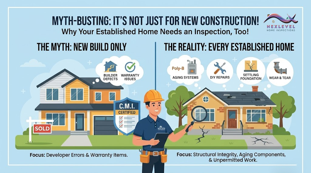 NexLevel Home Inspector checking foundation and electrical systems in an older Calgary bungalow.