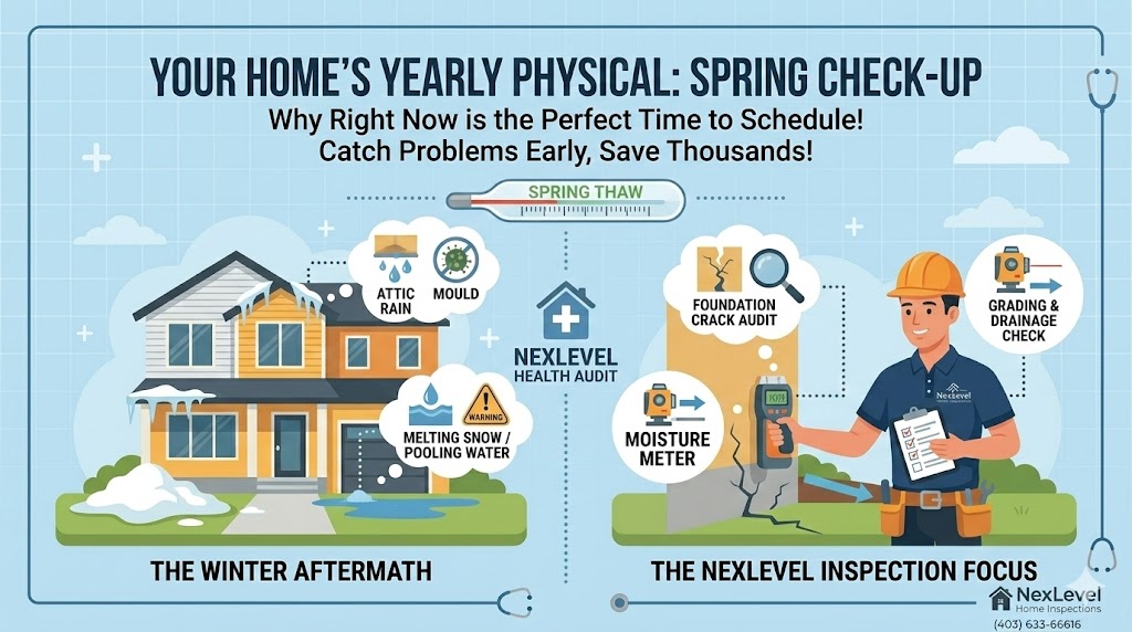 NexLevel inspector checking for attic rain and moisture levels in a Calgary home during the spring thaw.