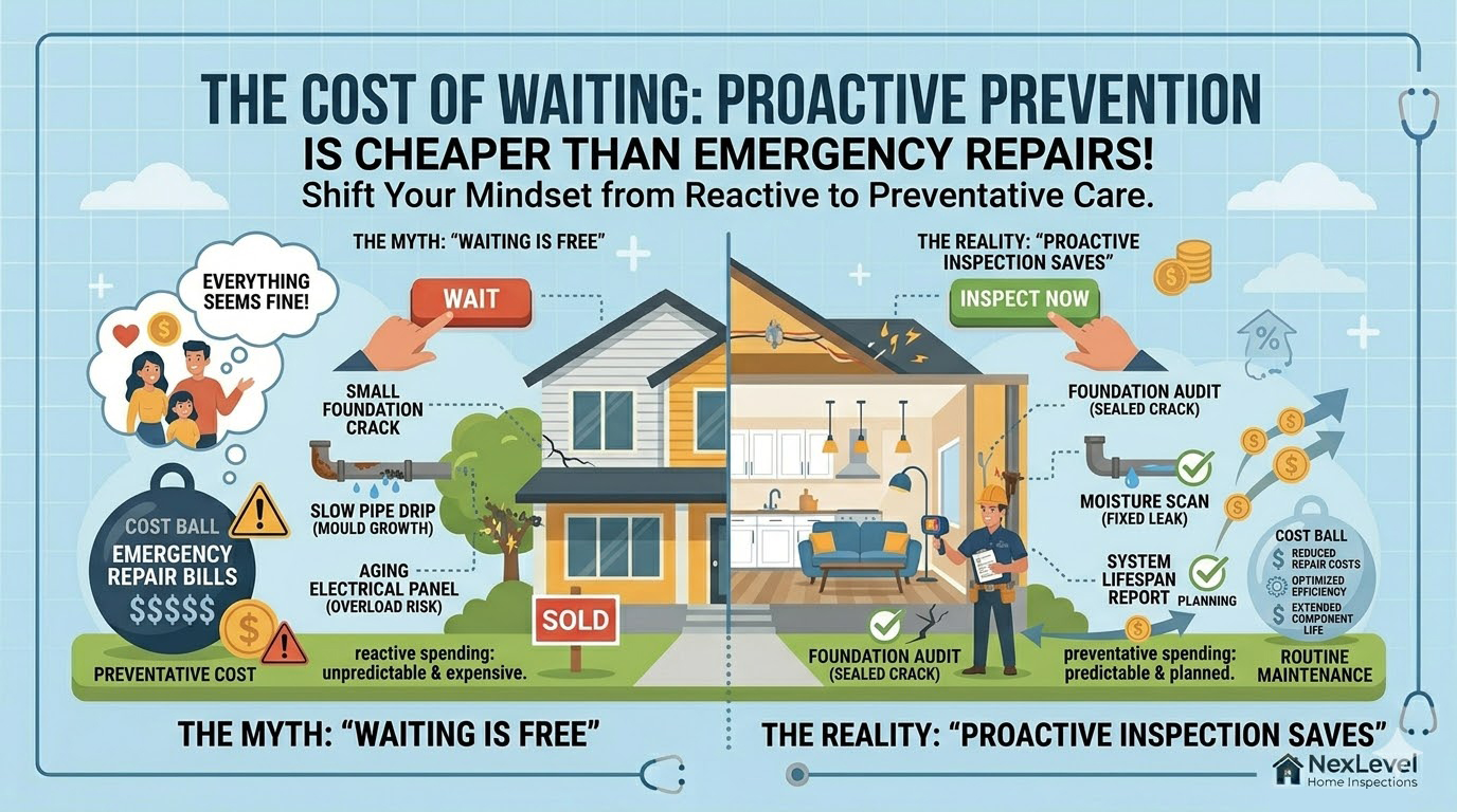 NexLevel inspector performing a structural and moisture audit to identify small home maintenance issues before they become expensive repairs in Calgary.